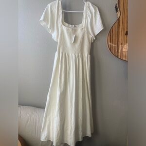 NWT White Madewell Linen Blend Lucie Smocked Midi Dress